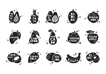 Exotic fruits, silhouette stickers set. Papaya, pitaya, guava, durian, coconut, feijoa, banana, kiwi, carambola. Black hand drawn icons with lettering inside and abstract spots