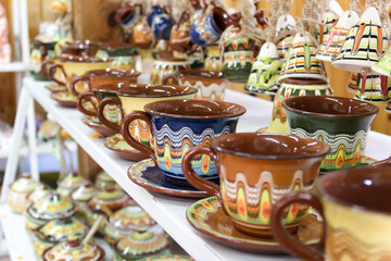 Ceramic products on the shelves.