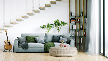 Modern beautiful interior of the room with light walls, large windows and stylish furniture. Bright design in Scandinavian style. 3D rendering