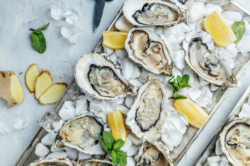 Fresh oysters with lemon and ice. Restaurant delicacy. oysters dish. Oyster dinner with champagne in restaurant, banner, menu, recipe place for text, top view © Надія Коваль