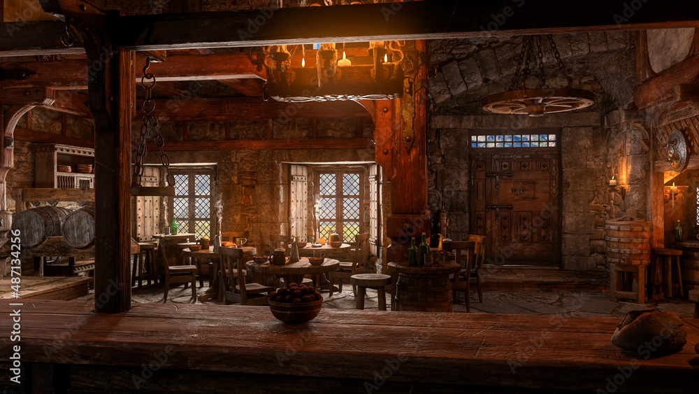 Fototapete Medieval tavern bar interior lit by candles and daylight through windows. 3D rendering..
