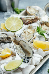 Fresh oysters with lemon and ice. Restaurant delicacy. oysters dish. Oyster dinner with champagne in restaurant, banner, menu, recipe place for text, top view