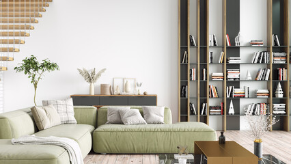 Modern stylish interior of the living room, a room with a staircase, wooden floor and a large window. 3D rendering