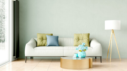 Modern stylish interior of the living room, a room with a wooden floor and a large window. 3D rendering