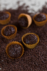 Brigadeiro a brazilian sweet over chocolate sprinkles.
