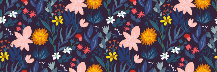 Bright summer flowers, leaves, herbs on a dark blue background. Abstract seamless floral pattern. Forest plants collection in a hand-drawn style. Vector illustration for fabrics, wallpapers, prints - 487135249