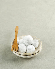 Mochi, Japanese Dessert on Small Plate. In Indonesia Popular as Moaci or Mochi Sukabumi