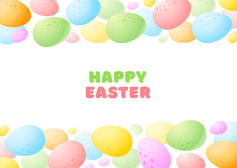 Happy Easter greeting card. Cartoon background of colorful eggs on white background. Vector 10 EPS.
