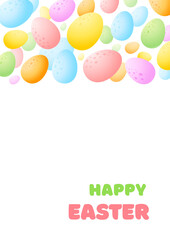 Happy Easter greeting card. Cartoon background of colorful eggs on white background. Vector 10 EPS.