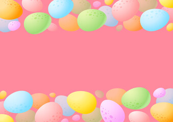 Fototapeta na wymiar Easter background of eggs. Cartoon frame of colorful chocolate eggs on pink background. Vector 10 EPS.