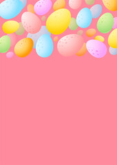 Easter background of eggs. Cartoon frame of colorful chocolate eggs on pink background. Vector 10 EPS.
