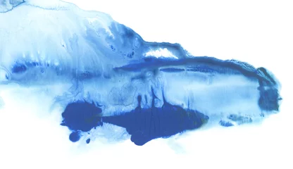 Fotobehang Abstract watercolor and acrylic flow blot smear painting. Blue landscape. Color canvas monotype texture horizontal background. © Liliia