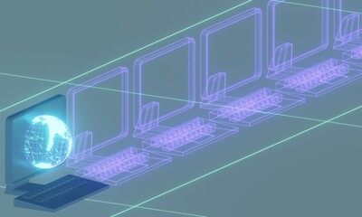 3d illustration of holographic earth and desktop computer.