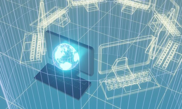 3d illustration of holographic earth and desktop computer.