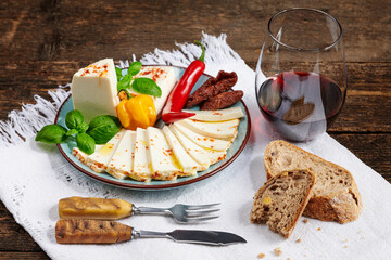 Cheese platter. Plate of fresh soft cheese garnished with sundried tomatoes, basil and chillies.