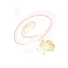 Golden abstract hand drawn woman in hat, ice cream rose, logo, flowers, line  sketch.