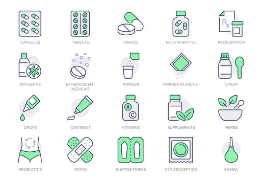 Pharmacy Line Icons. Vector Illustration Include Icon - Rx, Effervescent Pill, Blister, Sachet, Bandage, Capsule Bottle Outline Pictogram For Drug Medication. Green Color, Editable Stroke