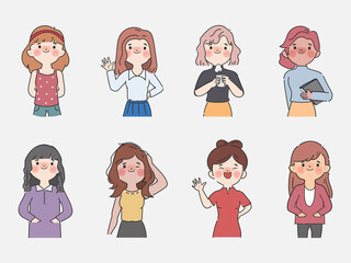 set of hand drawn cartoon women gesture pose.
