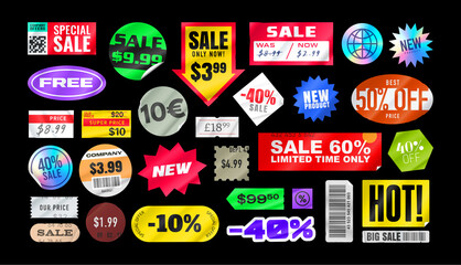 Sticker pack. Price stickers. Peeled Paper Stickers. Price Tag. Isolated on black background