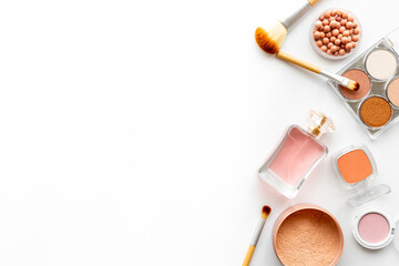 Makeup cosmetic set on white background. Beauty flat lay