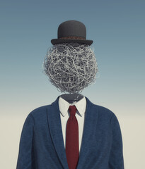 Headless businessman with chaotic lines.