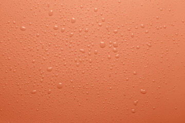 Water drops on coral  color  surface