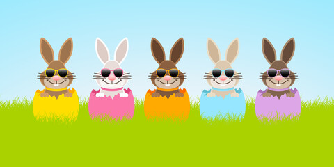 5 Osterhasen Sonnenbrille Eierschalen Wiese Himmel Banner