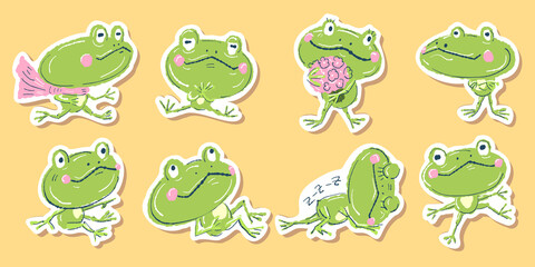 A set of stickers with cute green frogs isolated on a background, Vector illustration