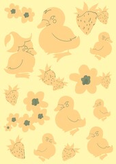 Cute duck with flowers and berry for wallpapper or card