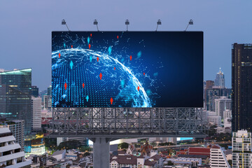 World planet Earth map hologram of social media icons over sunset panoramic cityscape of Bangkok, Southeast Asia. The concept of people connections.