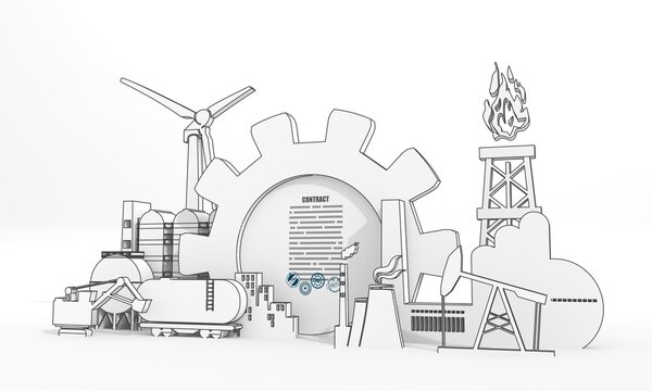 Energy and power industrial concept. Industrial icons and gear with approved document with stamps. 3D Render