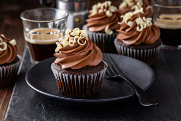 Dark chocolate coffee cupcakes with whipped coffee ganache frosting