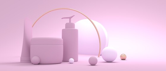 Set of containers for cosmetology products and abstract geometry shapes. 3D render