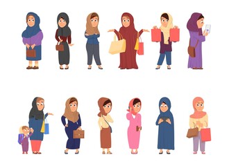 Arab woman characters. Muslim women, saudi girls with shopping bags. Arabic female business characters. Isolated people in hijab, decent vector set