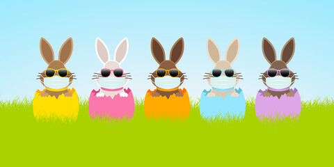 5 Osterhasen Maske Sonnenbrille Eierschalen Wiese Himmel Banner
