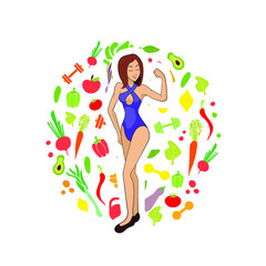 Vector Sporty Woman, Healthy Lifestyle Illustration, Colorful Fruits and Vegetables, Sport Equipment and Cartoon Attractive Female Chatacter.