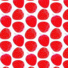 Line drawn doodle strawberries on bright red shapes. Seamless summer cute pattern. Good for packaging.