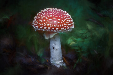 Digital painting of fantasy glowing mushrooms in an enchanted forest.