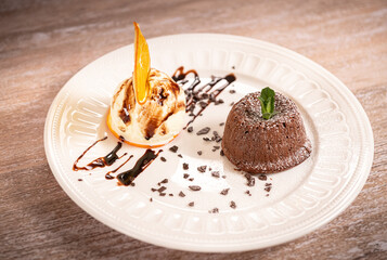 Lava cake and ice cream. Delicious food desert photography.