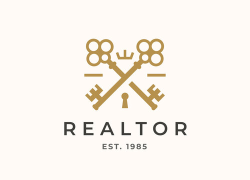Elegant realtor crossed keys logo. Luxury property real estate agency key line icon. Vintage royal brand identity realty symbol. Vector illustration.