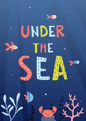 Selbstklebende Fototapeten Cute underwater life poster for kids. Under the sea text. Cartoon banner with fish ans crab on the seabed. © Sonium_art