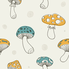 Hand drawn outline mushrooms pattern. Seamless vector print with toadstool for fabric, textile, paper.