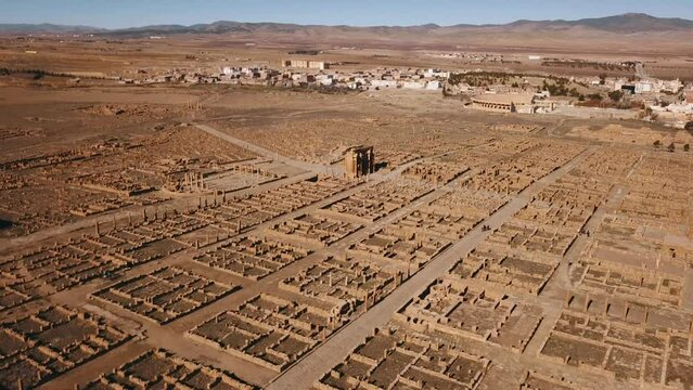4K Footage, Aerial view of the ruins of ancient Timgad, Algeria 