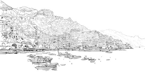 Amalfi. Italy. Urban sketch. Mediterranean city. Hand drawn vector illustration - 487141609