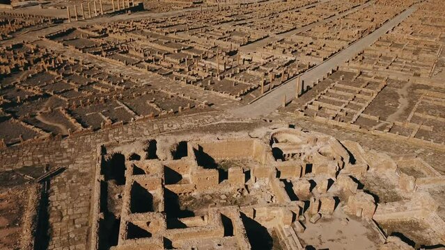4K Footage, Aerial view of the ruins of ancient Timgad, Algeria 