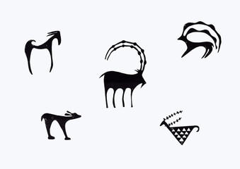 A set of animal silhouettes in the style of primitive art. Printed in the technique of linocut.