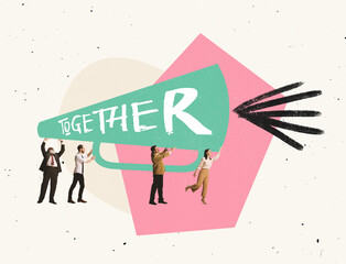 Creative design. Contemporary art collage. Employees, office workers standing together symbolizing successful teamwork