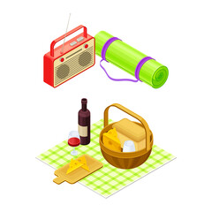 Wicker Basket on Checkered Tablecloth with Wine Bottle and Radio Receiver as Picnic Isometric Vector Illustration Set