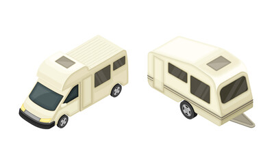Camper Van or Travel Trailer as Home During Journey or Vacation Isometric Vector Illustration Set