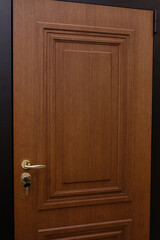 Fototapeta premium Modern wooden brown door with metal door handle